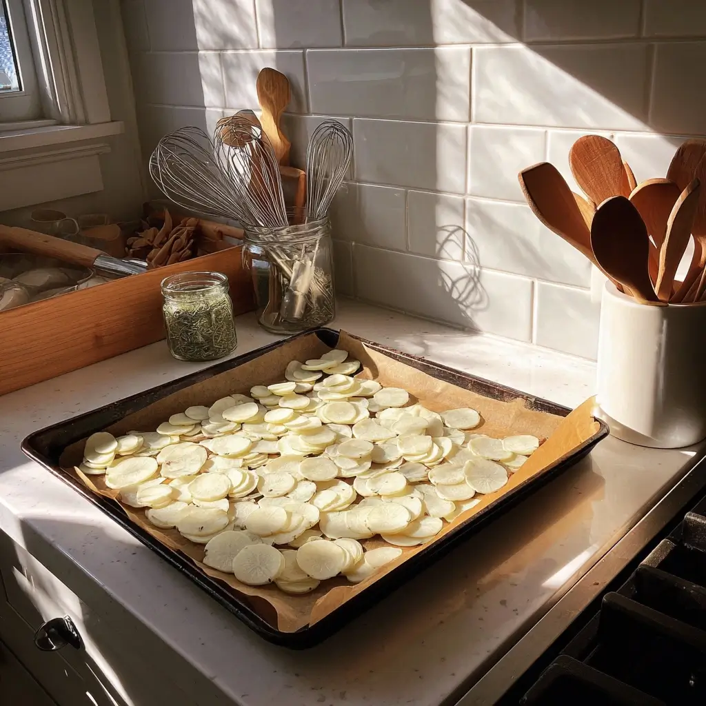 Frisch geschälter Kohlrabi wird für leckere Kohlrabi Rezepte in Scheiben geschnitten.