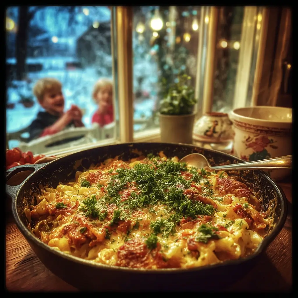Szegediner Gulasch Rezept Original beim langsamen Schmoren im Topf mit Tomatenmark, Sauerkraut und Gewürzen.