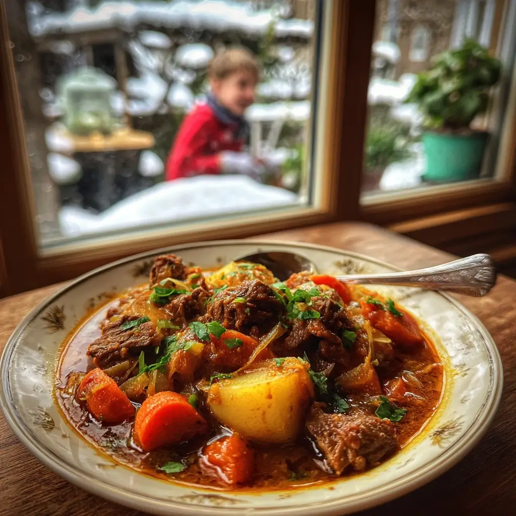 Ein serviertes Szegediner Gulasch Rezept Original auf einem gedeckten Esstisch mit Besteck, Brot und Rotwein.