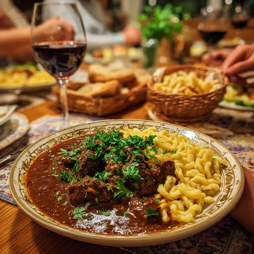 Gulasch rezept ungarisch mit Spätzle, serviert auf einem Teller mit frischer Petersilie, Rotwein und Brot im Hintergrund – traditionell und gemütlich.