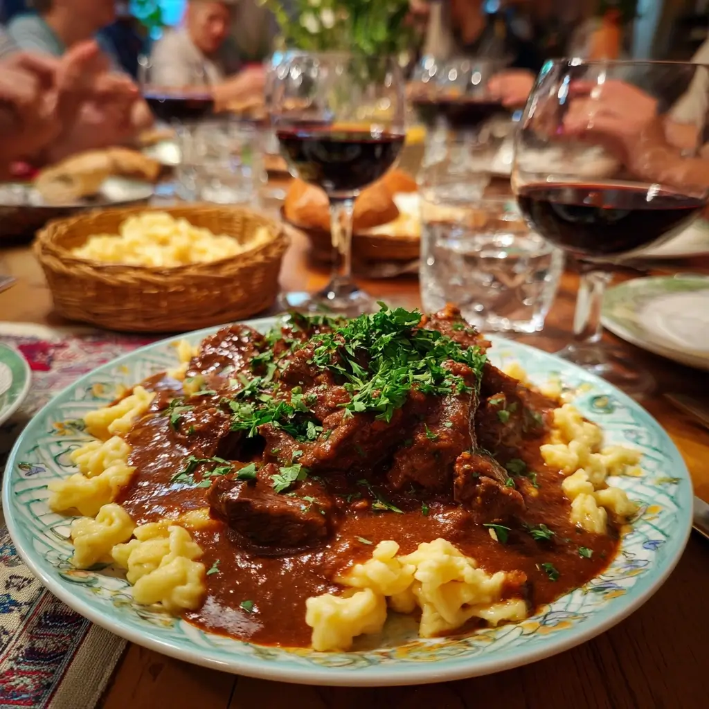 Gulasch rezept ungarisch serviert mit Spätzle und frischer Petersilie auf einem weißen Teller, umgeben von Brot und Rotwein.