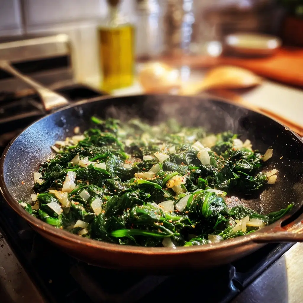 Spinat wird für das spinat lasagne rezept in einer Pfanne leicht angebraten, begleitet von Knoblauch und Zwiebeln für ein aromatisches Grundaroma.