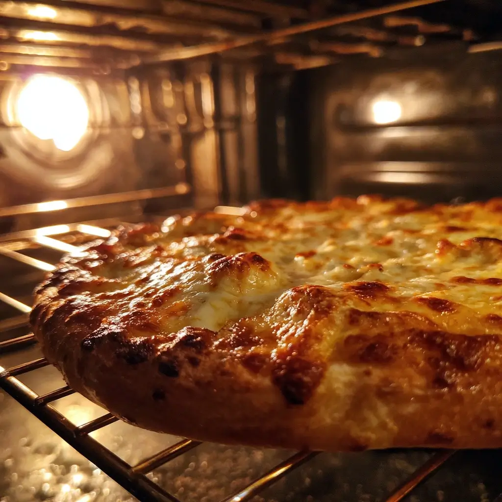 Pizza zulu im Ofen, Käse schmilzt, goldbraune Kruste bildet sich bei hellem Ofenlicht.