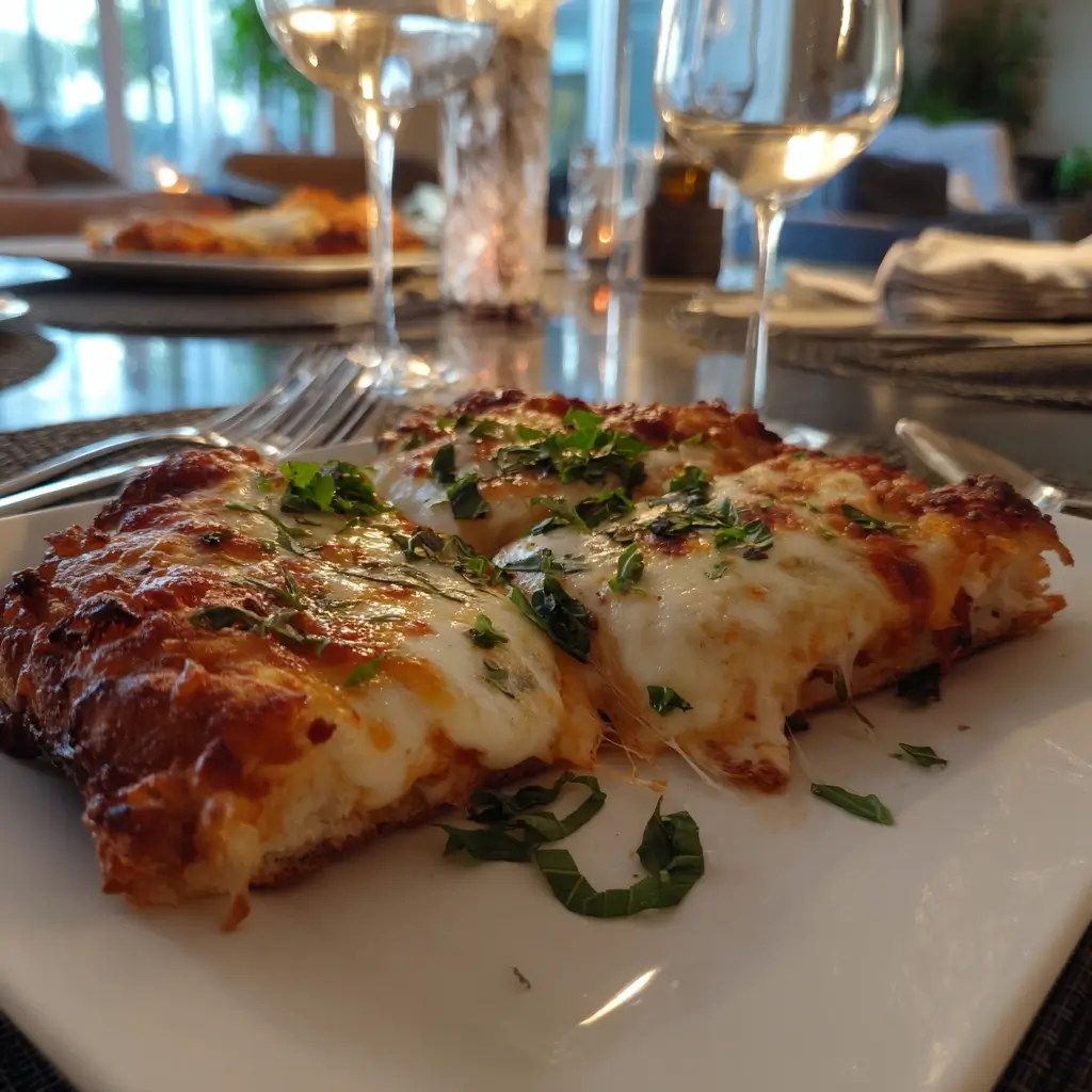 Mama Pizzawagner Pizza auf rustikalem Holztisch mit geschmolzenem Mozzarella und frischem Basilikum, serviert in gemütlicher Küche.