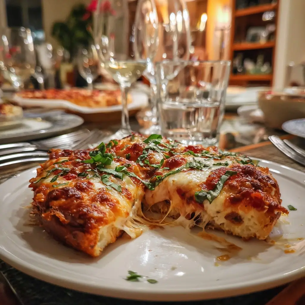 Aufgeschnittene Mama Pizzawagner Pizza auf weißem Teller, Käse zieht Fäden, Basilikum als Garnitur.