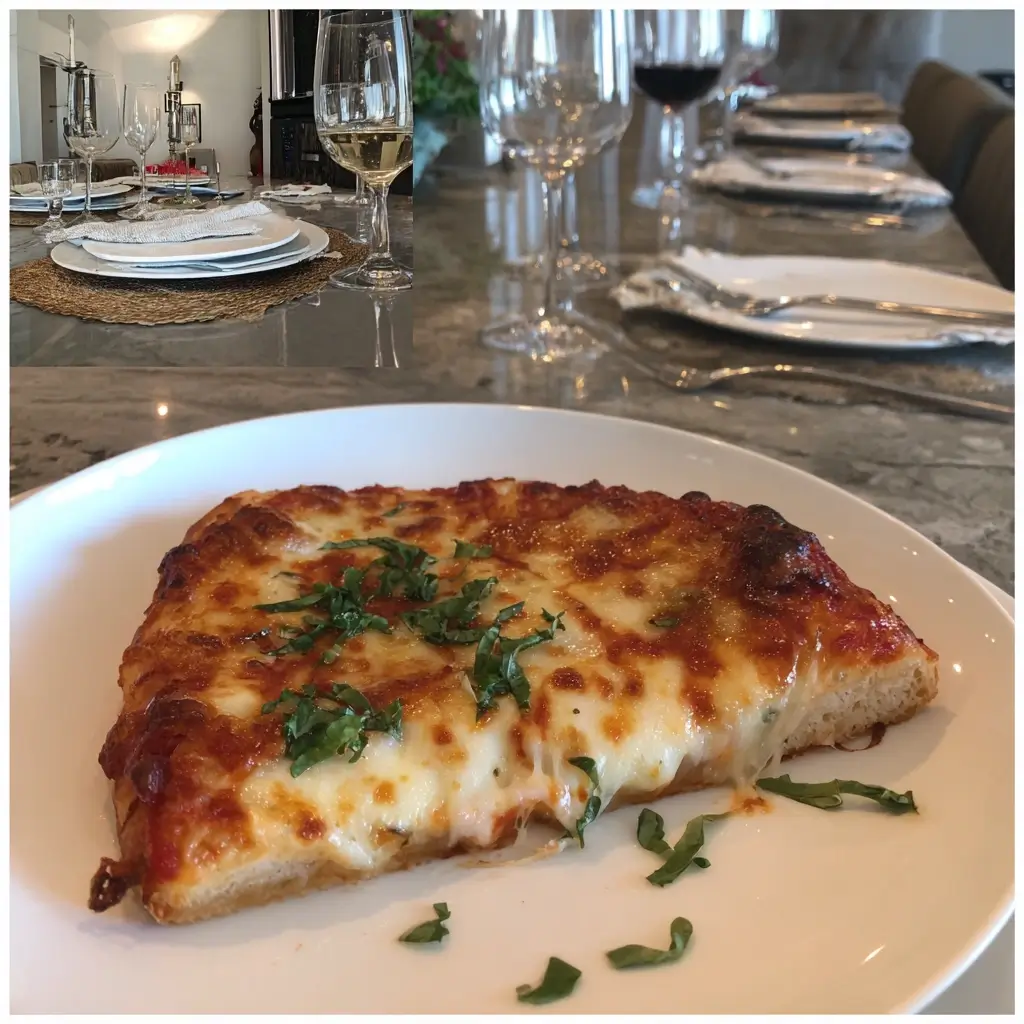 Mama Pizzawagner Pizza auf weißem Teller mit geschmolzenem Käse, frischem Basilikum und goldbrauner Kruste auf einem elegant gedeckten Tisch.