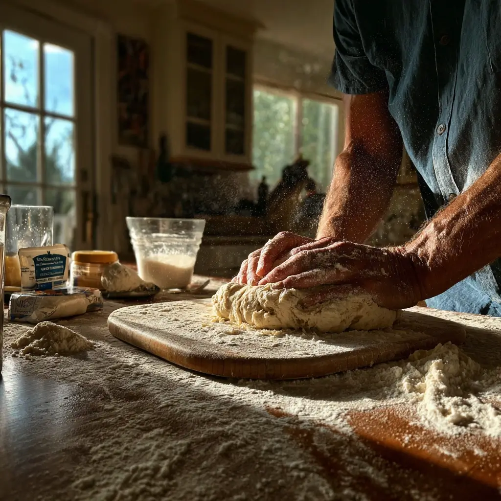 deep dish pizza Teig wird von Hand geknetet auf bemehltem Brett