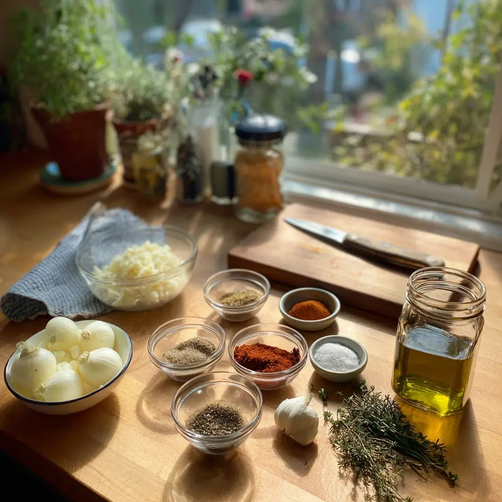 Zutaten für Kohlrabi Rezepte – frisch geschnittene Kohlrabi, Gewürze und Olivenöl.