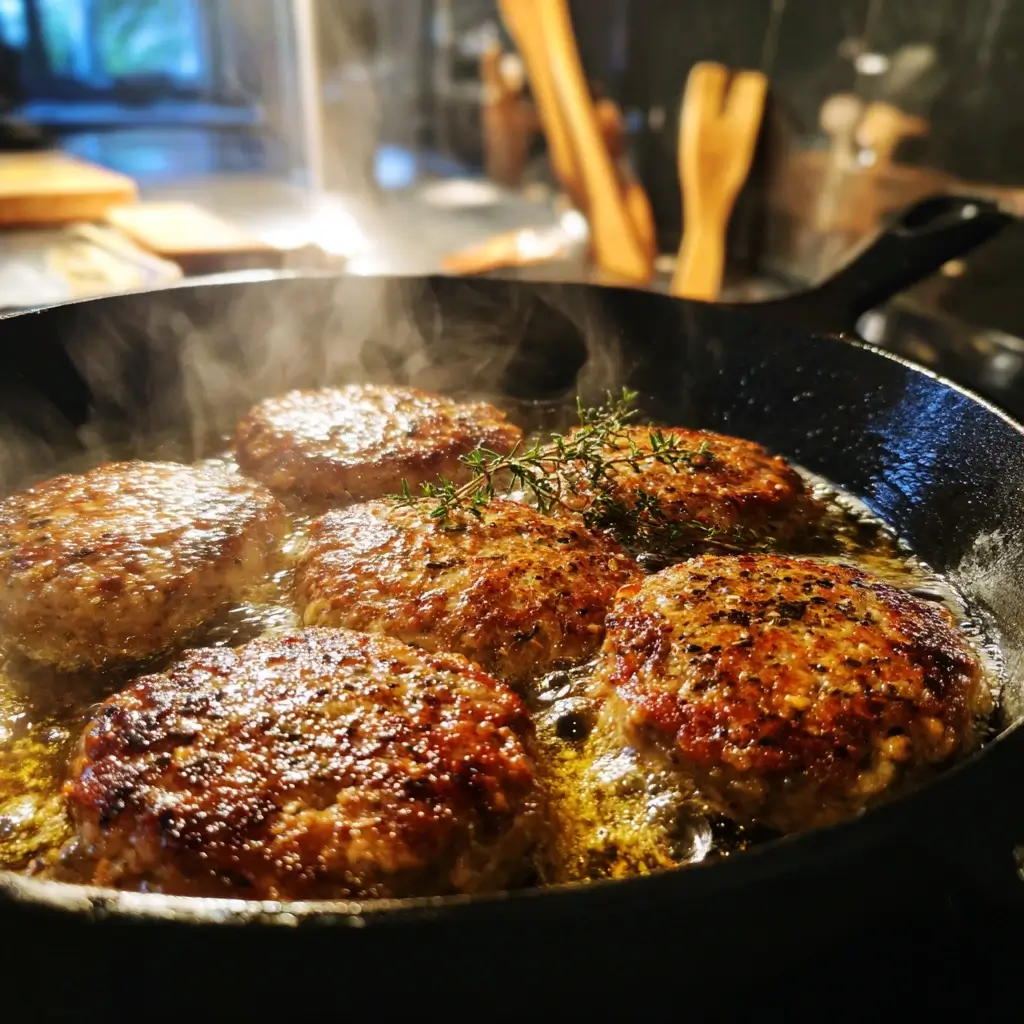 Saftige Pizza Burger Patties in einer heißen Pfanne mit Gewürzen und goldbrauner Kruste.