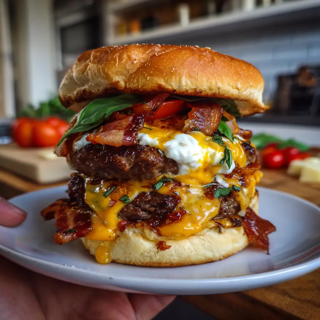 Pizza Burger mit geschmolzenem Käse, knusprigem Bacon, frischen Tomaten und Basilikumblättern auf einem weichen Burgerbrötchen – perfekt geschichtet und saftig.