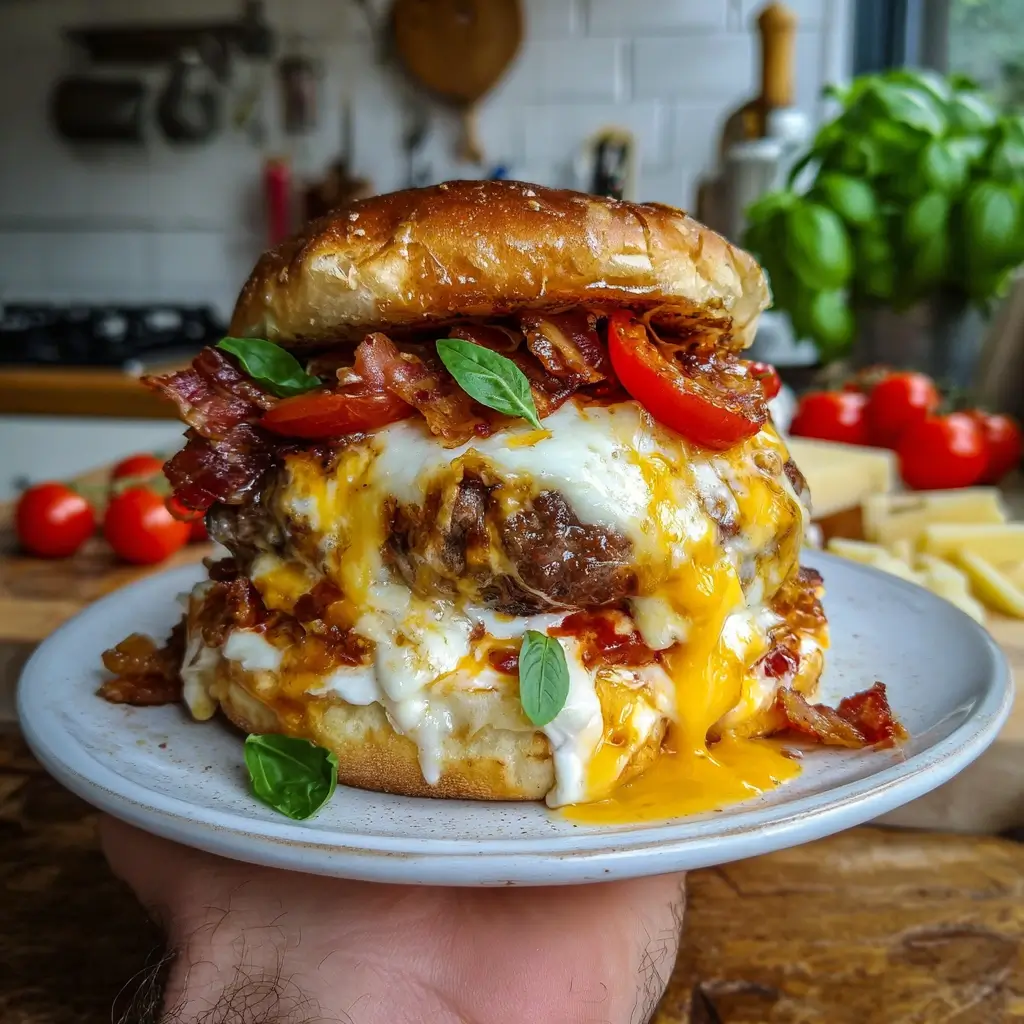 Pizza Burger mit geschmolzenem Käse, Tomatensoße und Basilikum auf einem Holzbrett, serviert als saftiges Highlight deines Lieblingsrezepts.