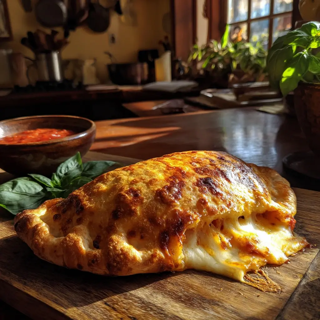 Deluxe pizza calzone mit Burrata, Trüffelöl und Rucola auf Holzbrett serviert.