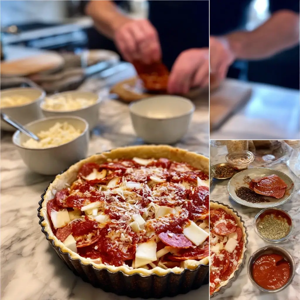 deep dish pizza wird geschichtet mit Mozzarella Belag und Tomatensauce