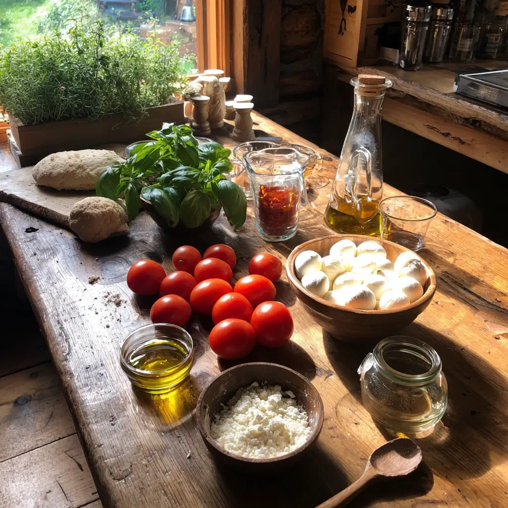 Zutaten für Mama Pizzawagner Pizza – Mehl, Hefe, Olivenöl, Tomaten, Mozzarella und Basilikum auf Holztisch arrangiert.