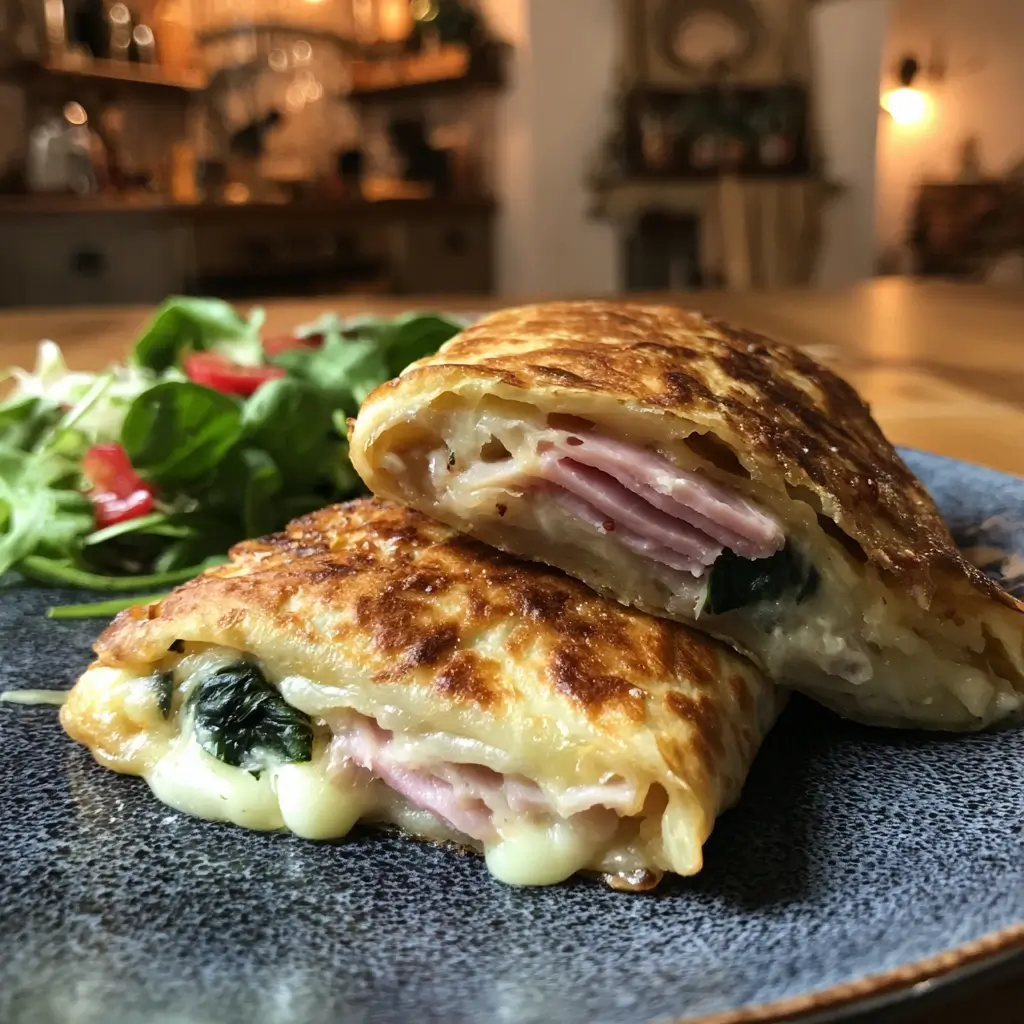 Rezept einfach Pfannkuchen mit goldbrauner Kruste und cremiger Füllung aus Käse und Spinat