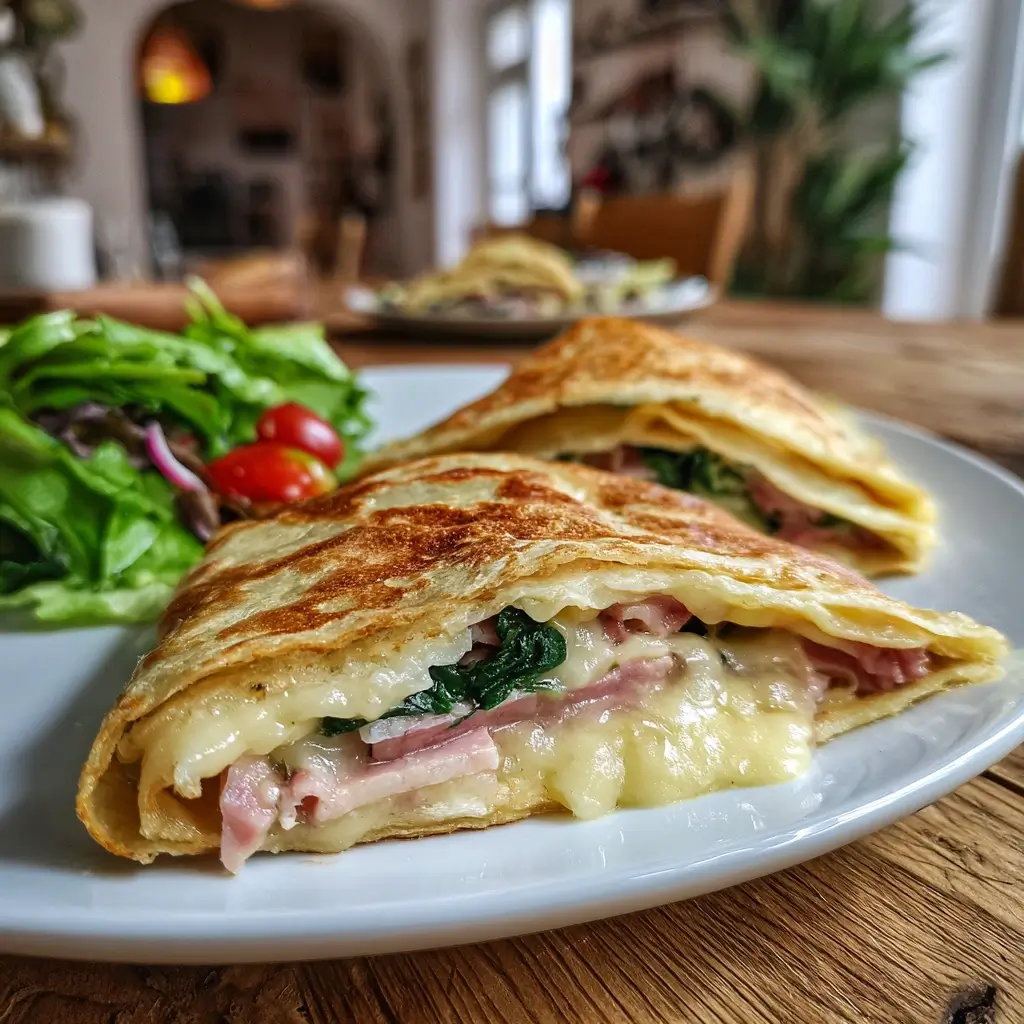 Rezept einfach Pfannkuchen gefüllt mit Schinken und geschmolzenem Käse, angerichtet auf Teller mit Salatbeilage