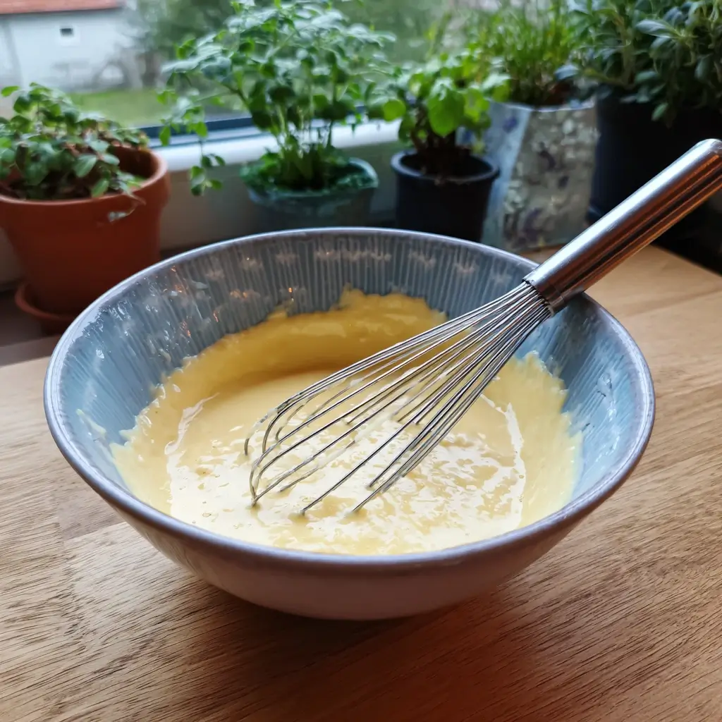 Pfannkuchen Rezept süß – glatter Pfannkuchenteig in einer Glasschüssel mit Schneebesen