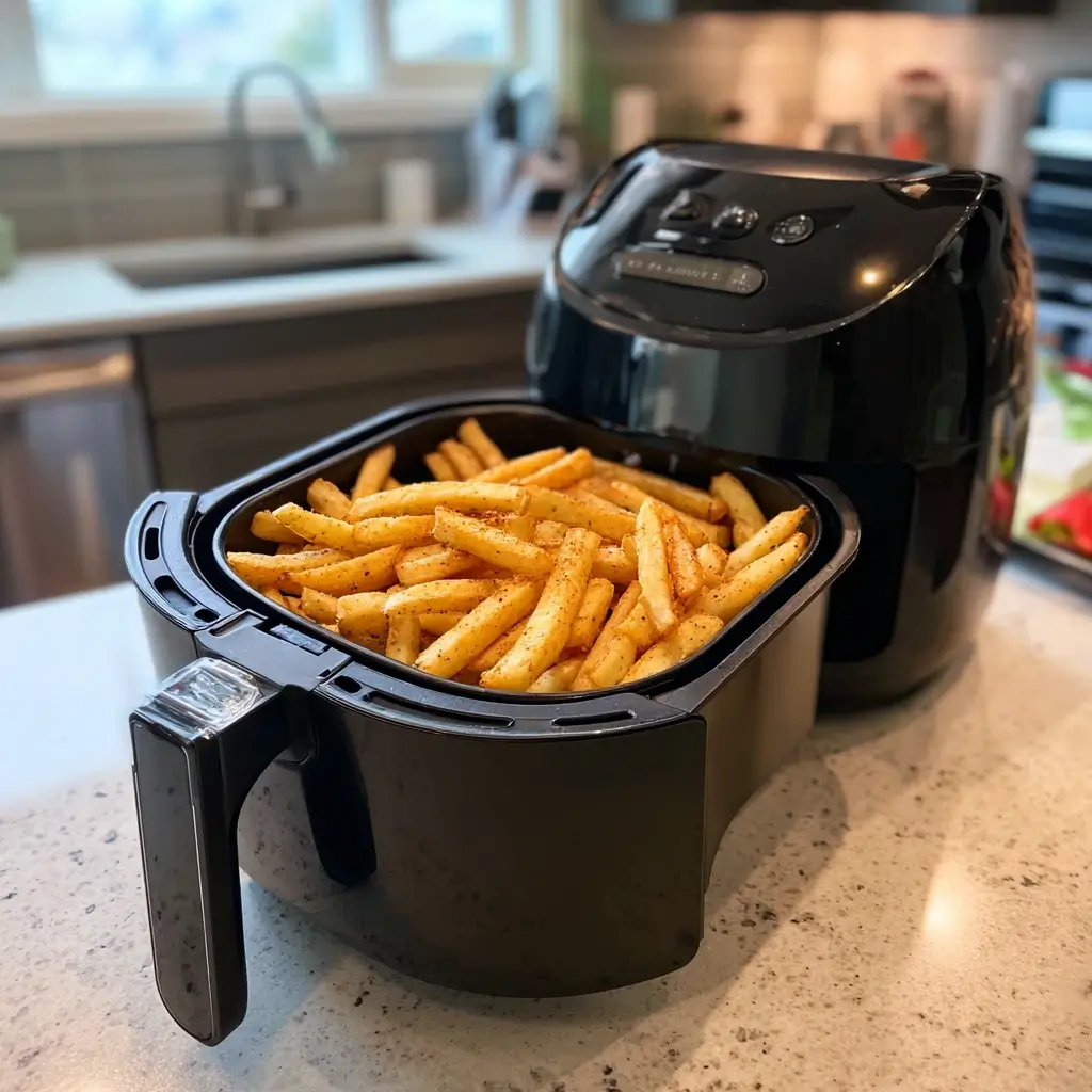 Rezept Airfryer: Airfryer-Korb gefüllt mit gewürzten Kartoffelsticks