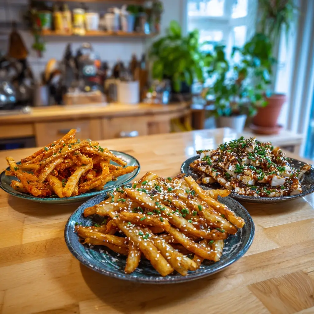Drei kreative Versionen knuspriger Kohlrabi Rezepte auf kleinen Tellern serviert.