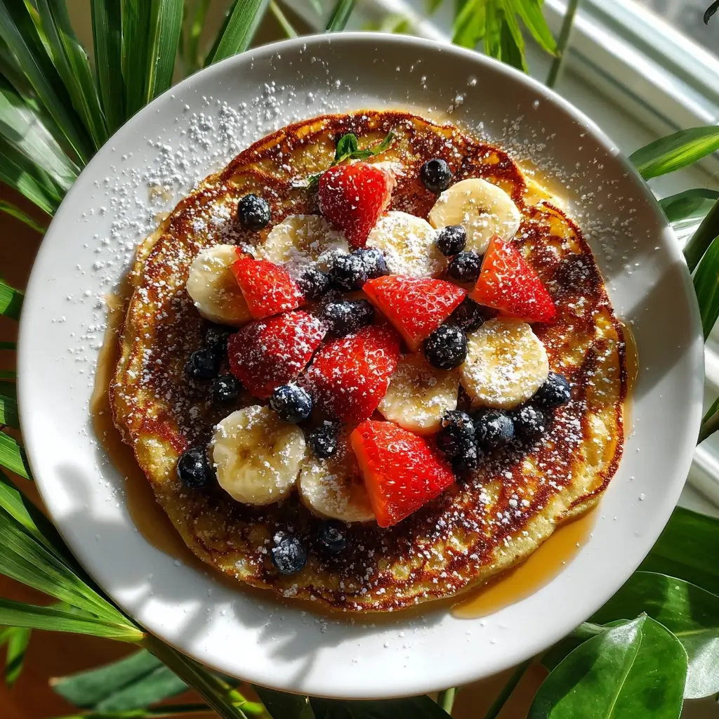 Pfannkuchen Rezept vegan süß serviert mit Erdbeeren, Blaubeeren, Bananen und Ahornsirup auf weißem Teller.
