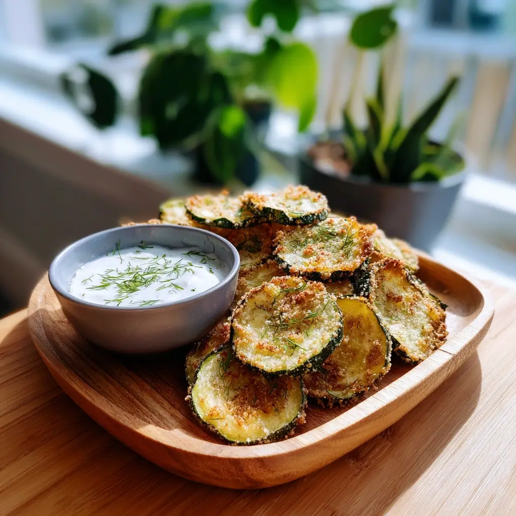 Knusprige Zucchini Chips aus dem Airfryer mit cremigem Dip, serviert auf einem Holztablett | Airfryer Rezepte Gemüse