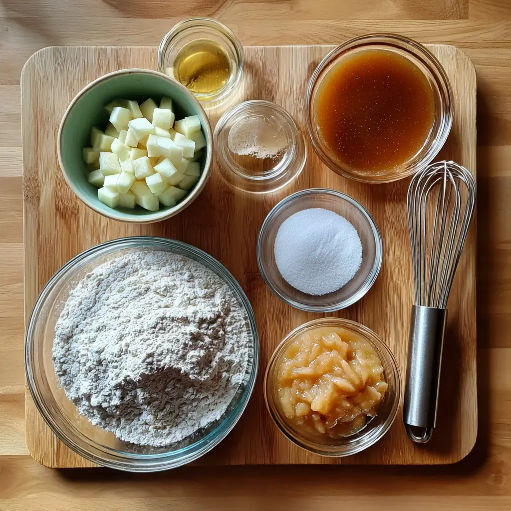 Pfannkuchen Rezept vegan Zutaten als Flatlay: Mehl, Hafermilch, Apfelmus, Zucker, Backpulver, Öl und Salz ordentlich angeordnet.