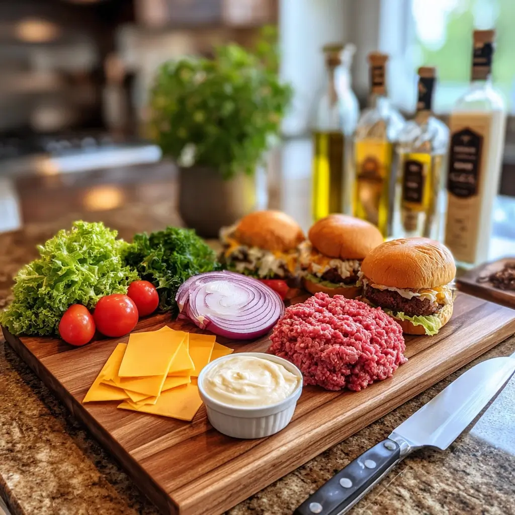 Frische Zutaten für ein burger rezept – Brötchen, Hackfleisch, Käse, Salat, Tomaten und Soße.