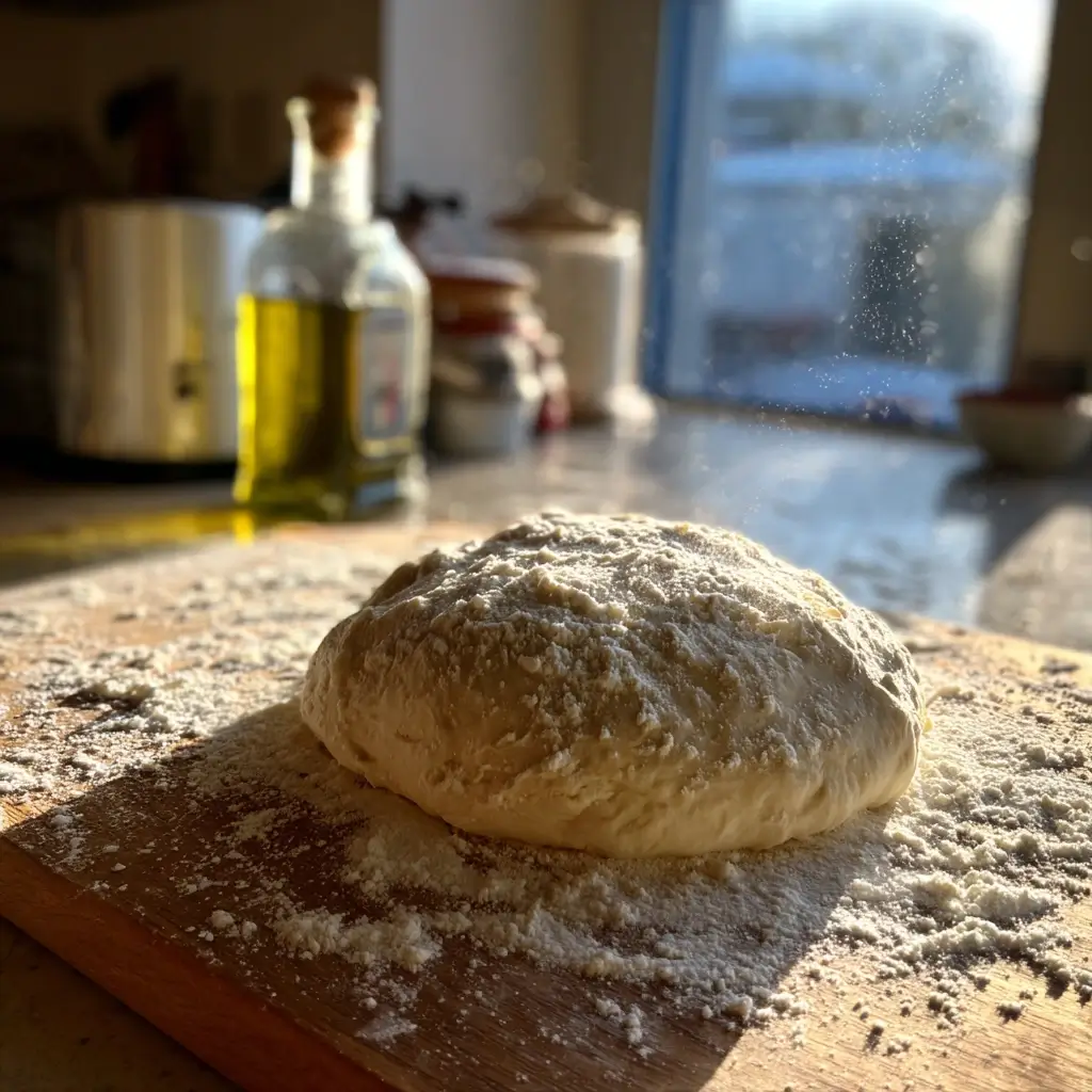 Mama Pizzawagner Pizza Teig auf bemehltem Holzbrett mit Olivenöl und Hefe, bereit zum Ausrollen.