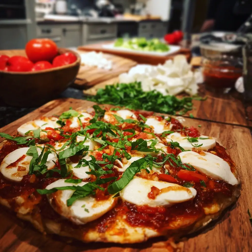 Mama Pizzawagner Pizza wird belegt mit Mozzarella, Tomatensauce und frischem Basilikum auf einer hellen Arbeitsfläche.