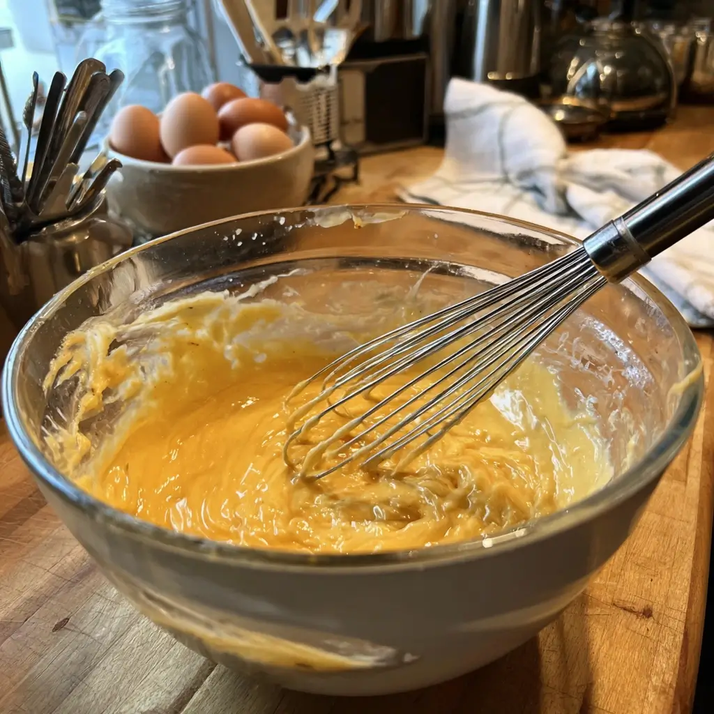 Ein glatter Waffelteig wird in einer Glasschüssel mit einem Schneebesen zubereitet – Schritt im Waffeln Rezept.