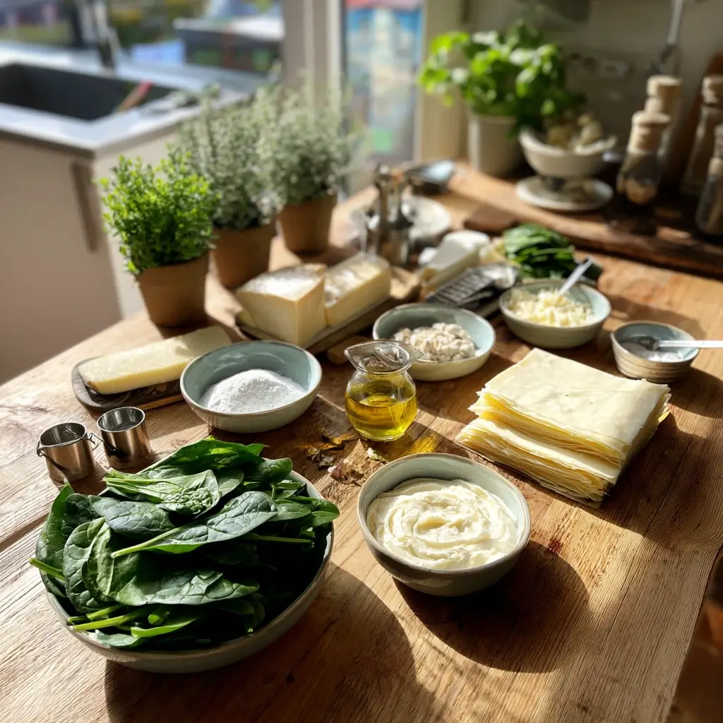Frische Zutaten für das spinat lasagne rezept, darunter Spinat, Lasagneblätter, Ricotta, Béchamelsauce-Zutaten sowie Mozzarella und Parmesan, ordentlich angeordnet.