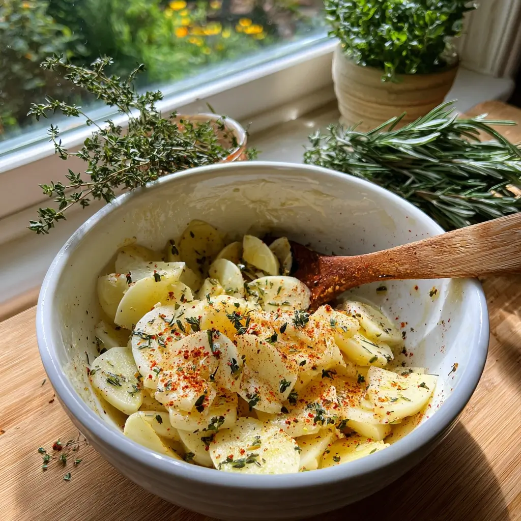 Kohlrabischeiben mit Gewürzen für aromatische Kohlrabi Rezepte vermengen.