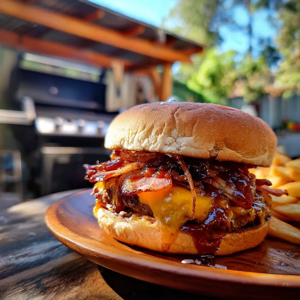 Frau genießt einen Homemade Burger in der Küche – burger rezept mit frischen Zutaten und sonniger Stimmung.
