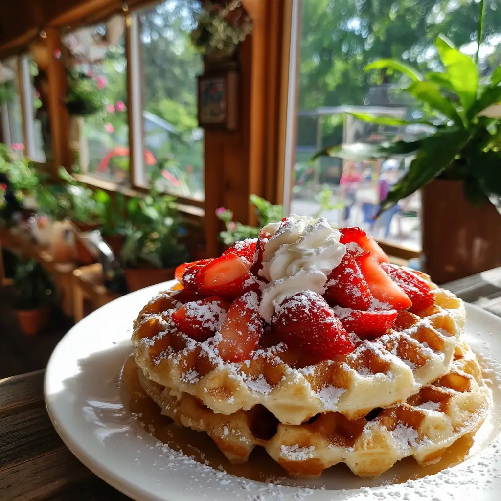 Goldene, frisch gebackene Waffeln auf einem weißen Teller mit Erdbeeren und Puderzucker – das perfekte Waffeln Rezept für jeden Tag.
