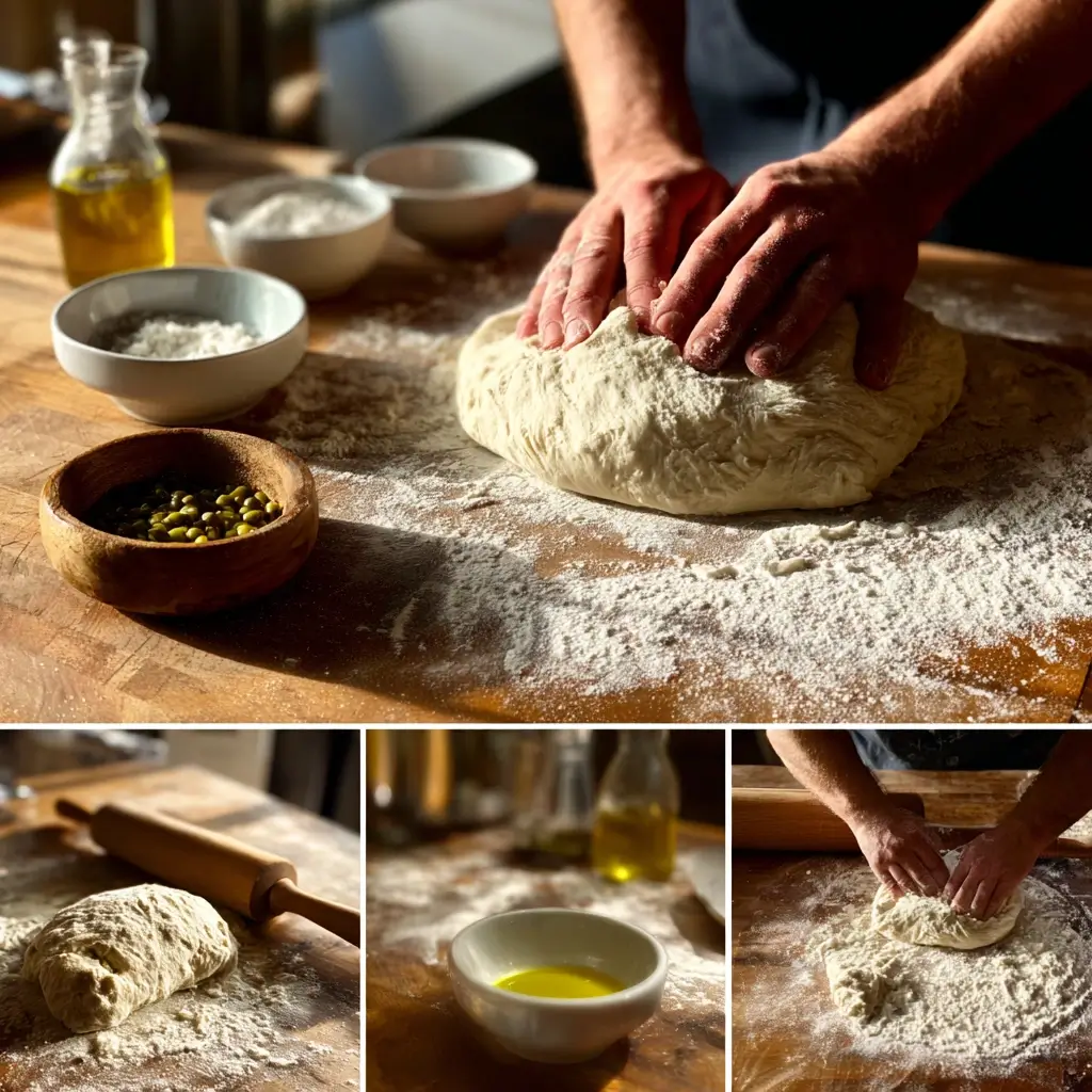 Frischer pizza calzone Teig wird auf einem bemehlten Tisch geknetet.