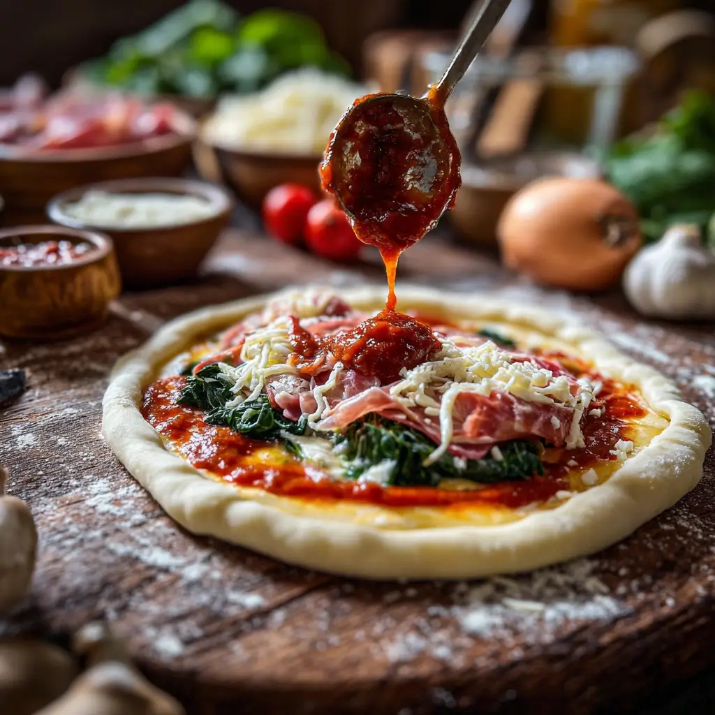 Pizza calzone wird mit Tomatensauce, Käse und Spinat gefüllt und zugeklappt.