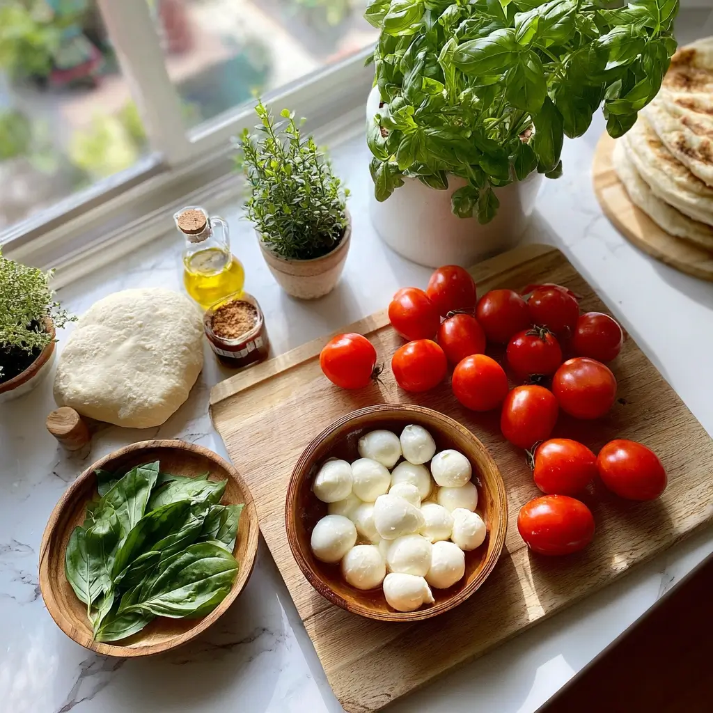 Frische Zutaten für Pizza Caprese – Tomaten, Mozzarella, Basilikum, Olivenöl und Teig auf weißem Marmor.