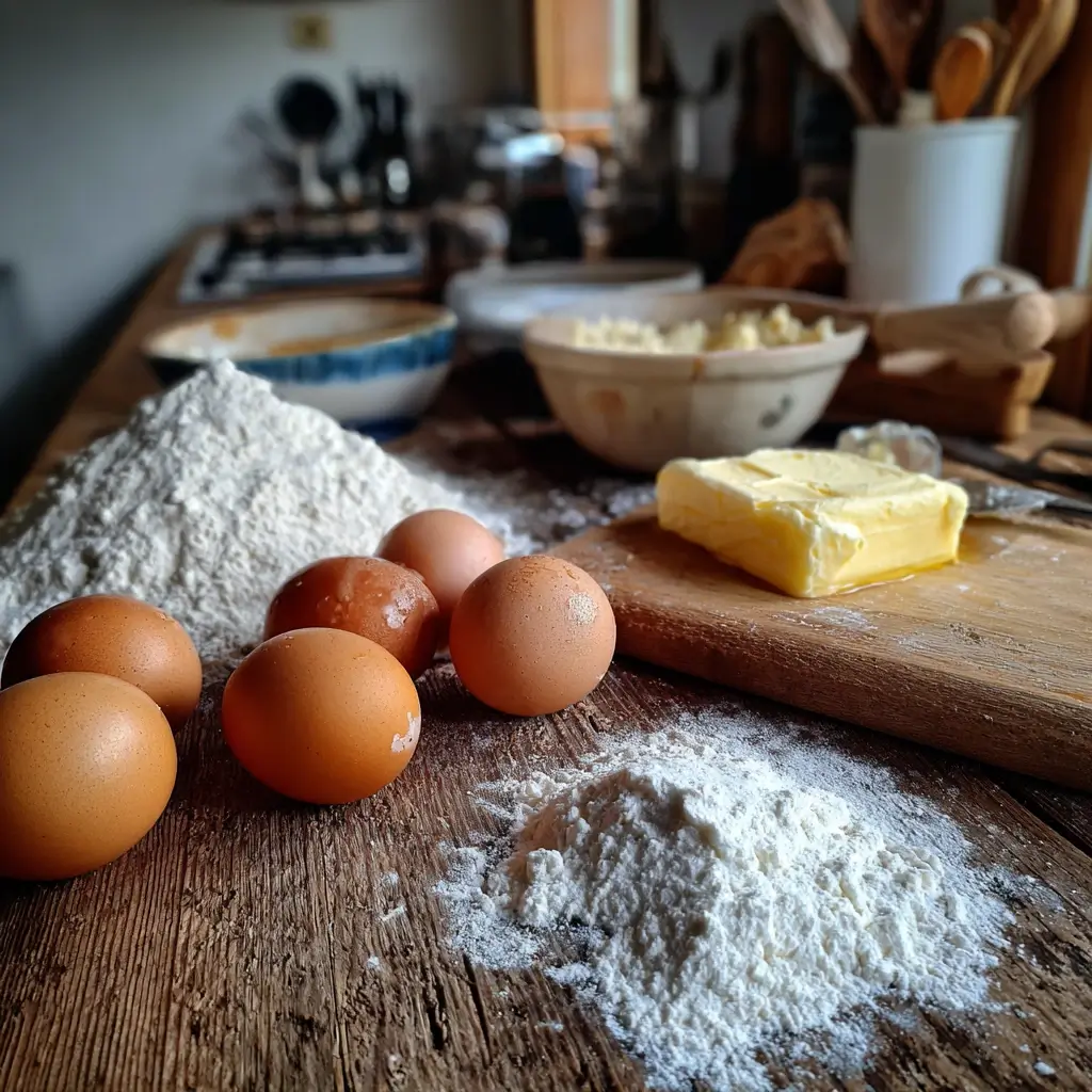 Pfannkuchen Rezept Einfach Zutaten wie Mehl, Eier und Milch auf Holztisch