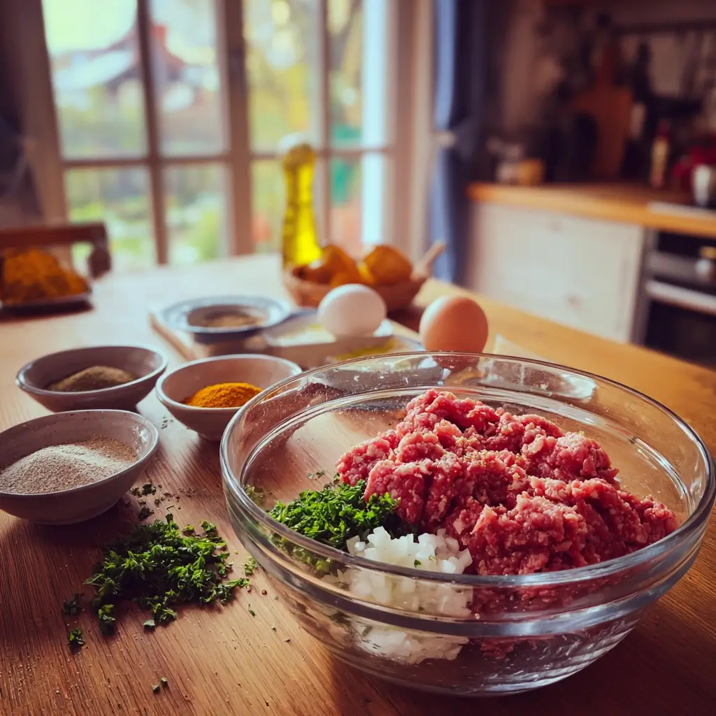 Zutaten für burger patties in einer Schüssel auf Holztisch
