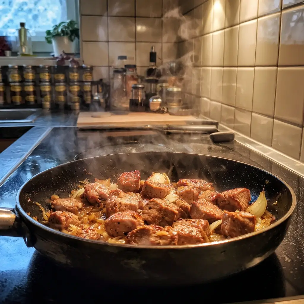 Frisch geschnittenes Schweinefleisch für ein Szegediner Gulasch Rezept auf einem Holzbrett, bereit zum Anbraten.