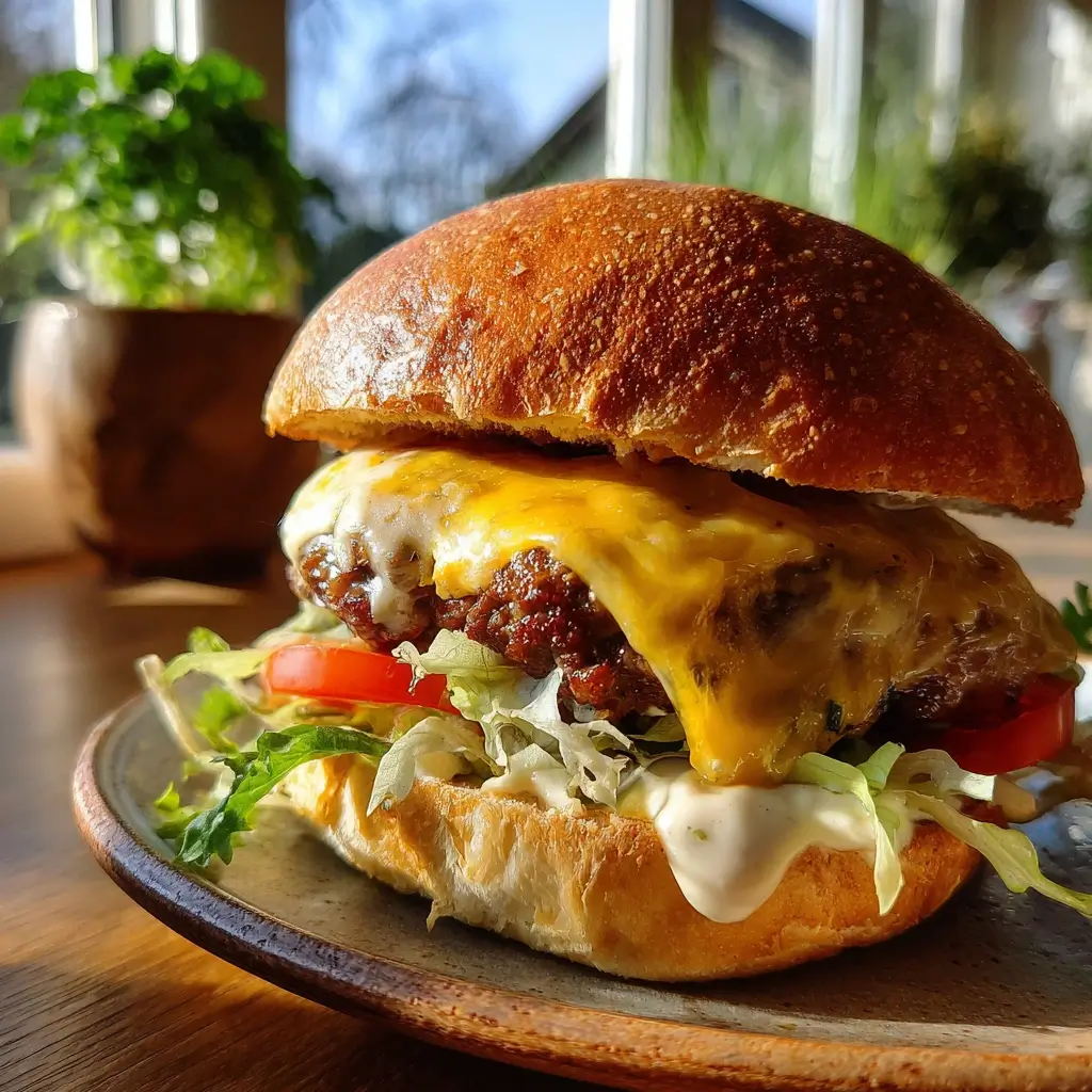 Burger mit geschmolzenem Käse und frischen Zutaten – burger rezept für echten Hausgemachten Genuss.