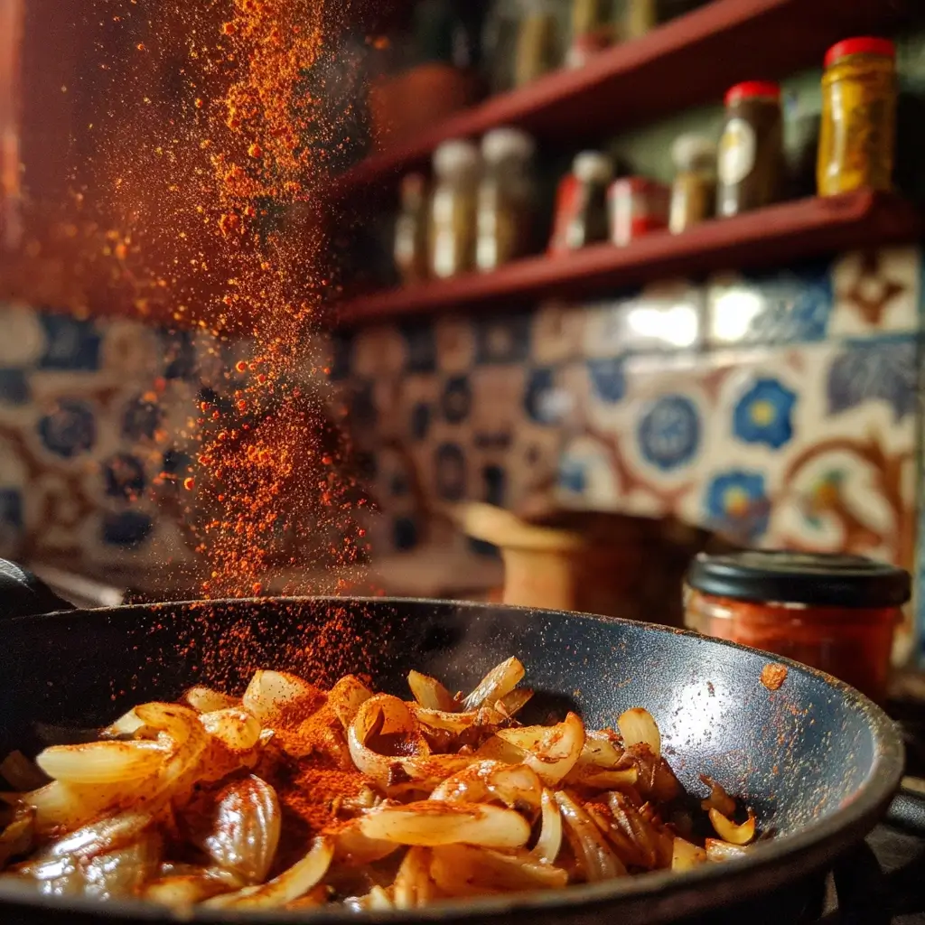 Zwiebeln und Knoblauch karamellisieren im Topf, während Paprikapulver über das gulasch rezept ungarisch gestreut wird.