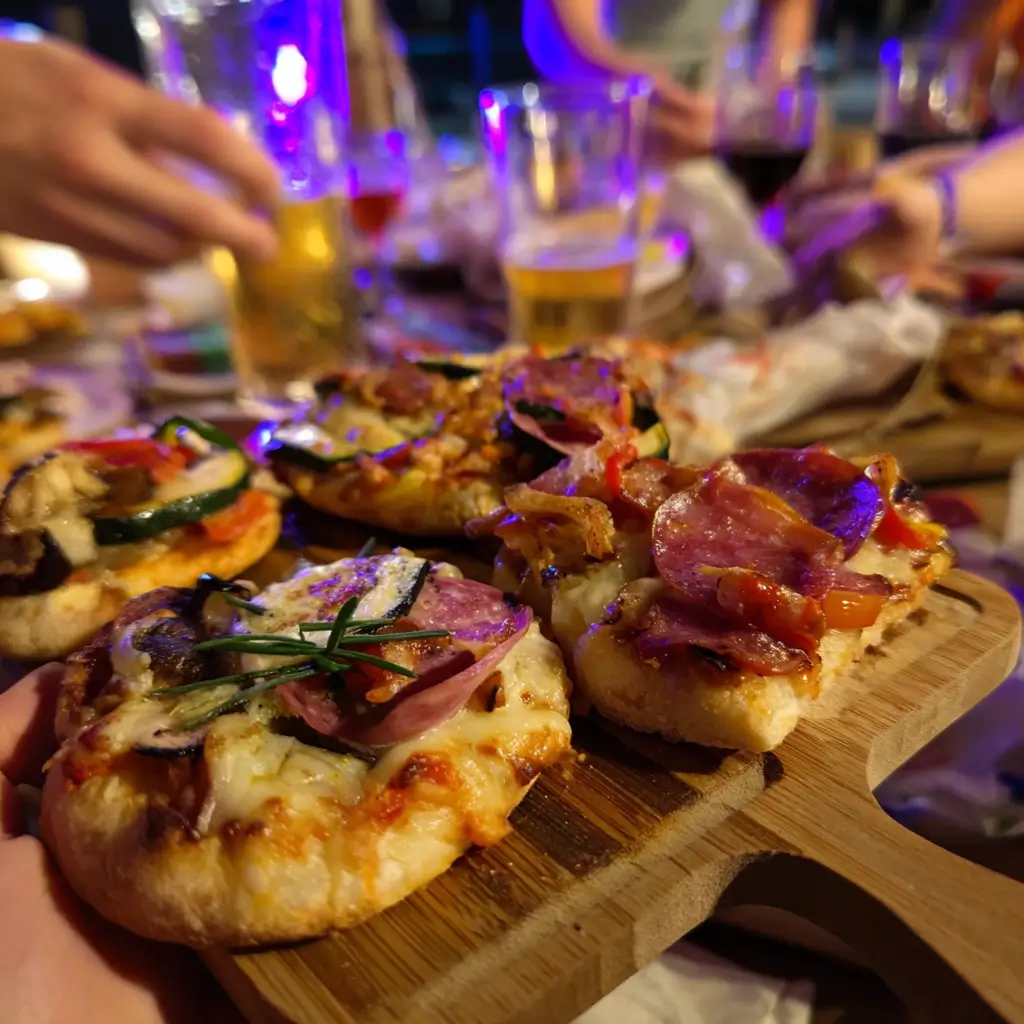 Servierter Pizza Burger mit Pommes, Salat und Dip auf einem weißen Teller auf einem Esstisch.
