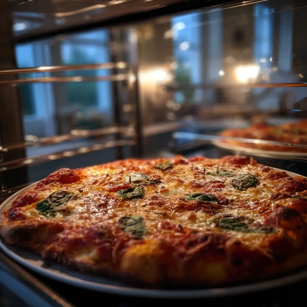 glutenfreie pizza auf weißem Teller mit geschmolzenem Käse und frischem Basilikum