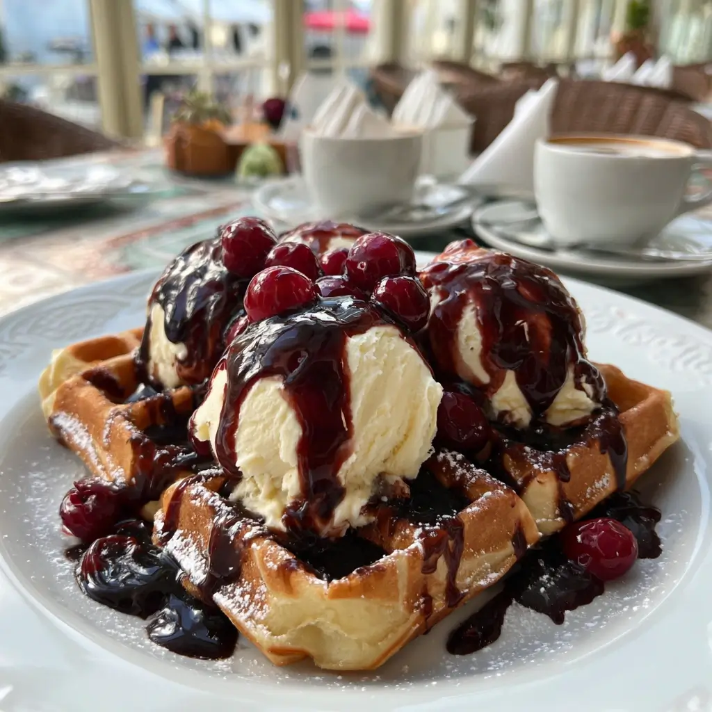 Belgische Waffeln mit Vanilleeis, heißen Kirschen und Schokoladensauce – luxuriöses Waffeln Rezept.