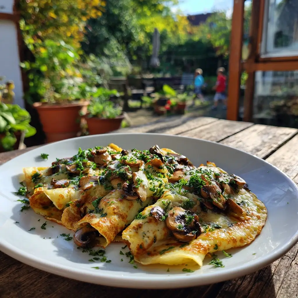 Pfannkuchen Rezept herzhaft auf rustikaler Holzplatte serviert