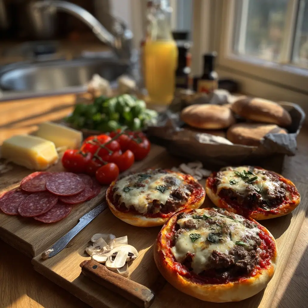 Frische Zutaten für Pizza Burger, darunter Rinderhack, Mozzarella, Tomatensoße, Basilikum und Burgerbrötchen auf einem Holztisch.
