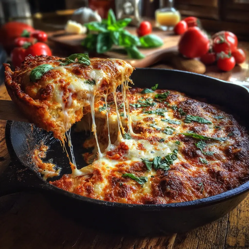 deep dish pizza auf rustikalem Holztisch frisch aus dem Ofen serviert