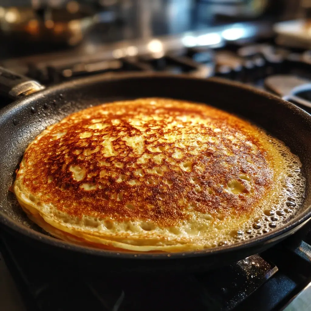 Teig für rezept einfach Pfannkuchen wird in eine heiße Pfanne gegossen