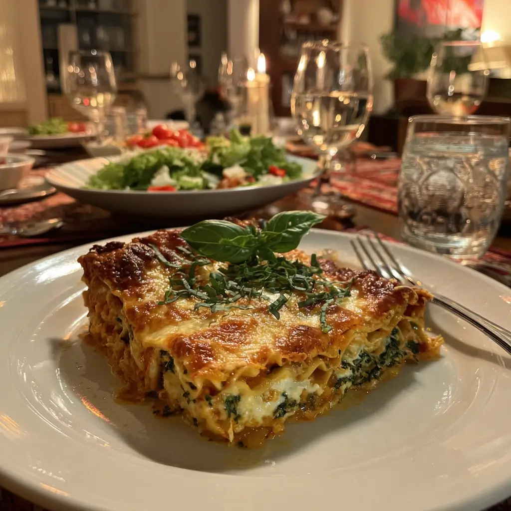 Servierte Portion Spinatlasagne aus dem spinat lasagne rezept, aufgeschnitten und dampfend, mit cremigen Schichten und goldener Käsehaube.